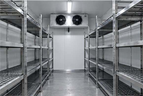 Câmara fria com prateleiras de inox em toda a extensão das paredes e evaporador ao fundo.