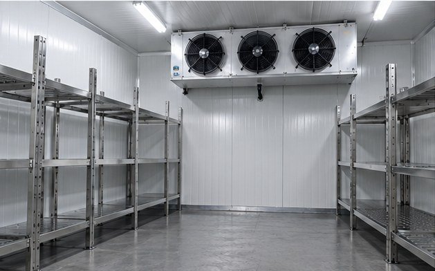 Interior de câmara fria em painel isotérmico branco, com evaporador no teto, luminária e prateleiras de inox nas laterais.
